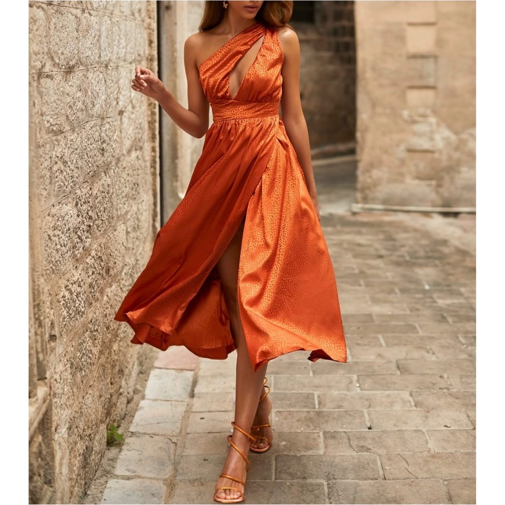 ALAMOUR THE LABEL Eloisa Midi Dress in Satin Rust NWT Small US 4